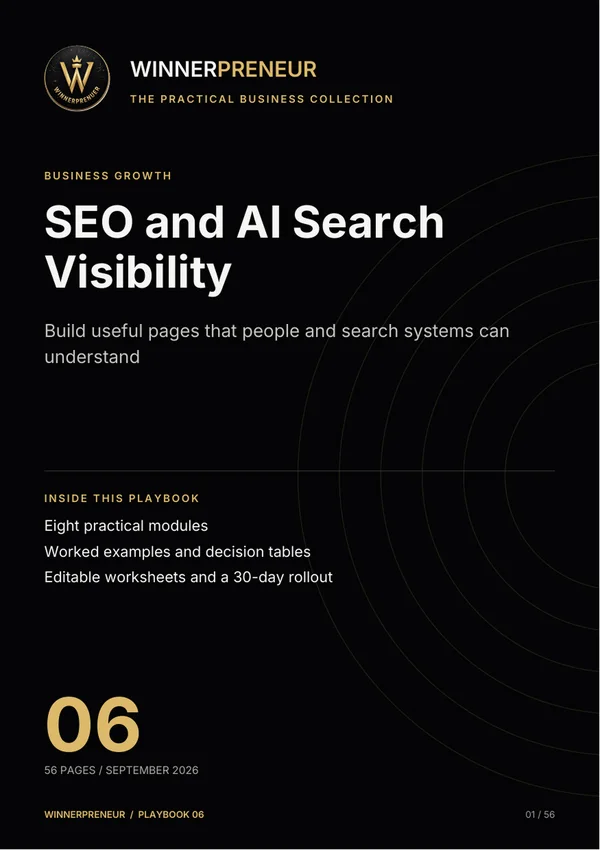 SEO and AI Search Visibility - Winnerpreneur illustrated playbook cover