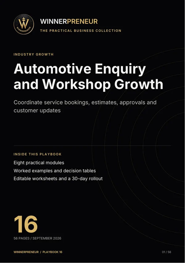 Automotive Enquiry and Workshop Growth - Winnerpreneur illustrated playbook cover